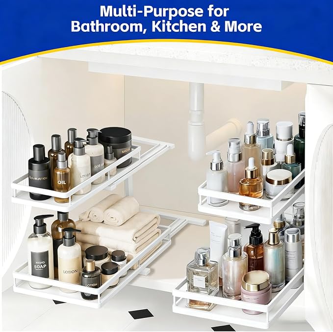 2-Tier Metal L-Shaped Pull-Out Under Sink Organizer, White, 2 Pack | 2 complete sets; ball-bearing slides; 6-level height; no-drill setup