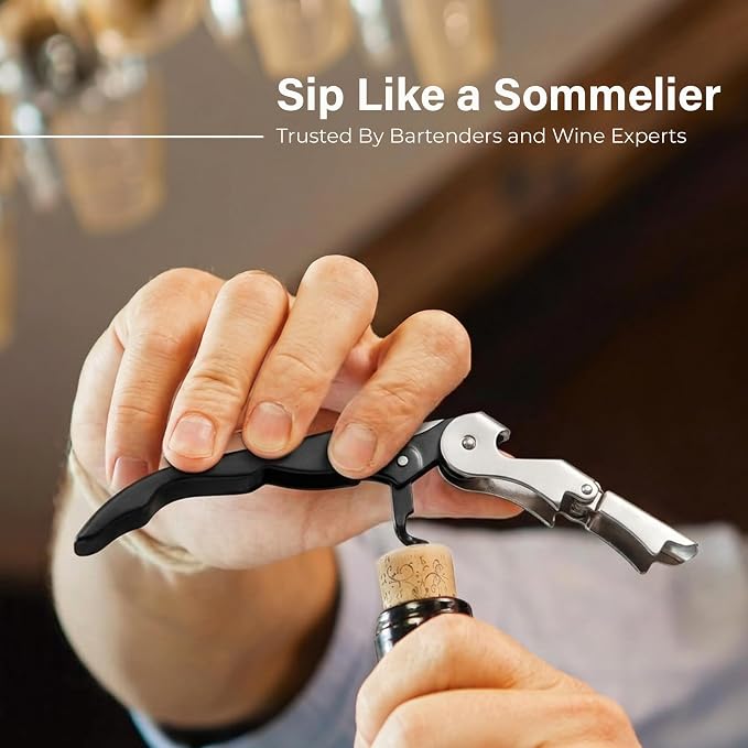 HiCoup Kitchenware Wine Opener - Professional Corkscrews for Wine Bottles w/Foil Cutter and Cap Remover - Manual Wine Key for Servers, Waiters, Bartenders and Home Use - Stainless Steel Black