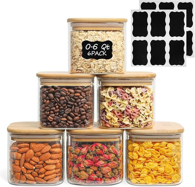 ComSaf Square Glass Containers With Lids 0.6 Qt, Set of 6 Small Galss Jars | Small Glass Canisters, Spice Jar, Pantry Organization, Snack, Cookie, Coffee Bar Organization, Size For Subpackage, BPA Free