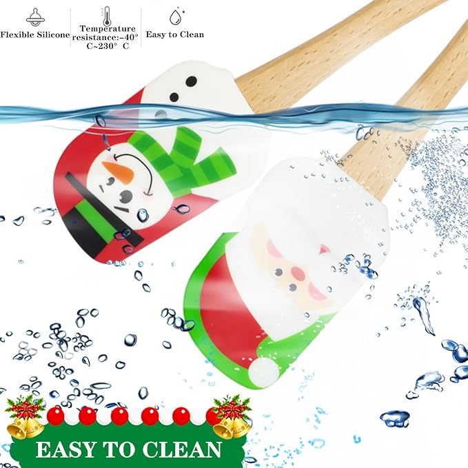 Silicone Spatula, Caliamary 3 Pieces Kitchen Silicone Spatula Set, Christmas Cake Decorating Spatula with Wooden Handle, Snowman Gingerbread Man and Santa Claus Pattern (Snowman)