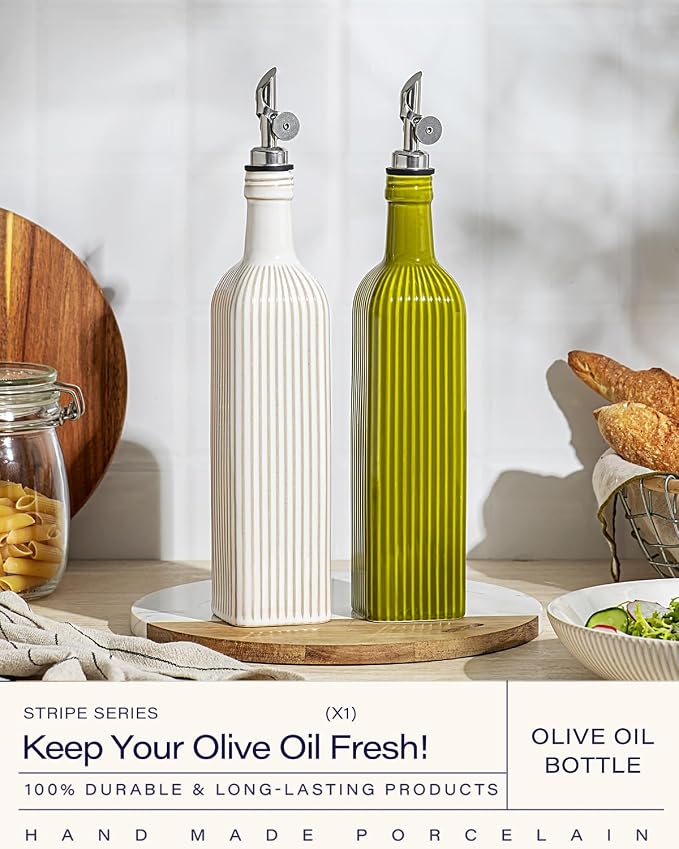 getstar 18 oz Olive Oil Dispenser Bottle for Kitchen, Ceramic Oil Bottle with Automatic Stainless Steel Pourer (Silver Pourer, Vintage White)