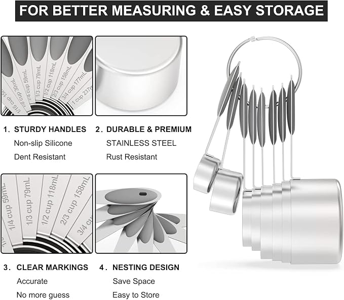 Wildone Stainless Measuring Cups and Spoons Set with Silicone Handle, 16pcs | 8 Measuring Cups and 8 Measuring Spoons, Nesting Design, Heavy Duty for Measuring Dry/Liquid Ingredients, Gray