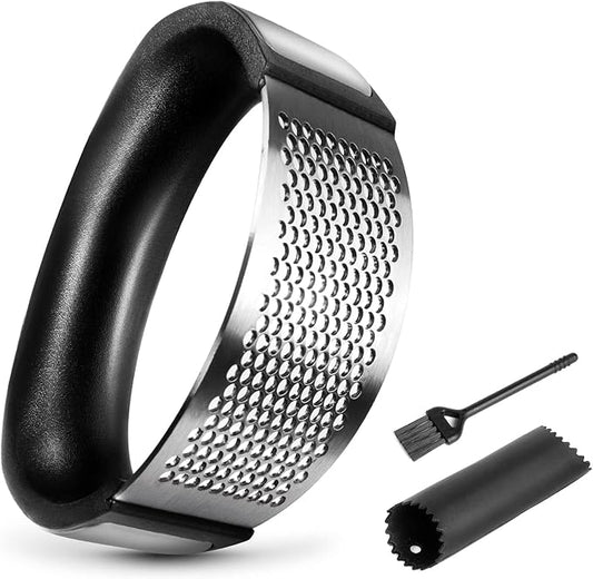 Garlic Press Rocker - Rust Proof & Dishwasher Safe Garlic Mincer, Stainless Steel Garlics Crusher Chopper Set with Peeler Brush, Easy to Clean and Squeeze, Masher for Garlics, Ginger, Spices