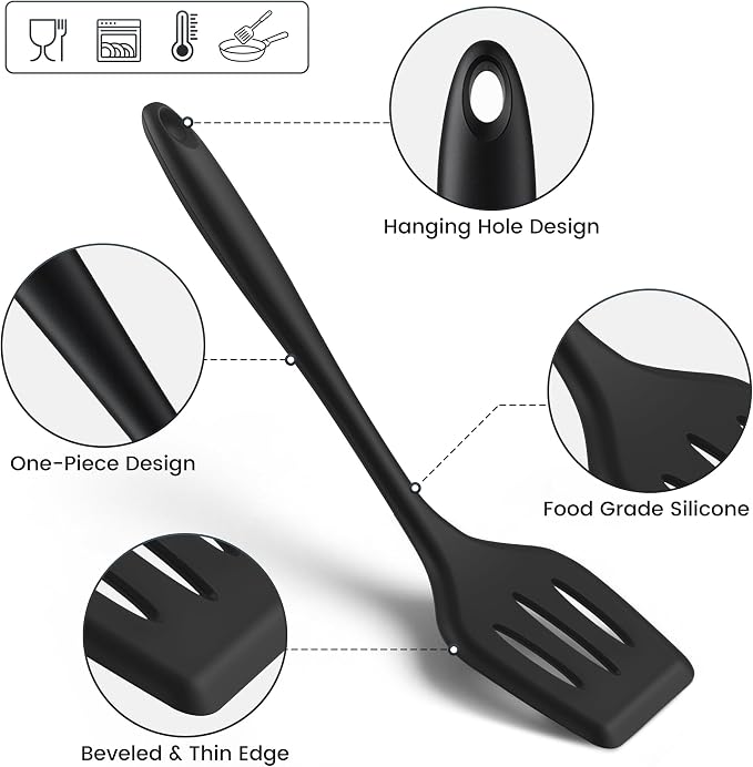 Silicone Kitchen Utensils Set, 8 PCS Heat Resistant Non Stick Cooking Tools, Silicone Spatula/Turner/Serving Spoon/Soup Ladle/Slotted Spoon/Pasta Server/Skimmer/Fish Spatula (Black)