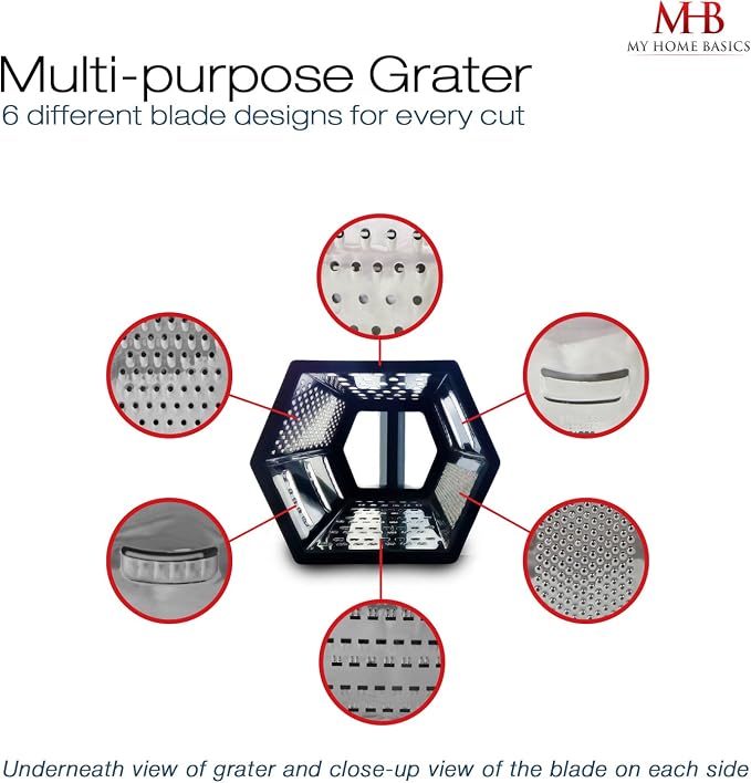Box Graters for Kitchen, 6 Sided, Multi-purpose Cheese and Veggie Cutter, Stainless Steel With Cooking Secrets Ebook