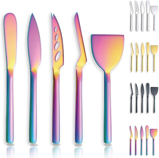 Berglander Rainbow Cheese Knife Set of 5 for All Types of Cheese, Colorful Titanium Plating Cheese Cutter Slicer Ergonomic Design for Confortable Grip and Cut, Butter Spreader Knife