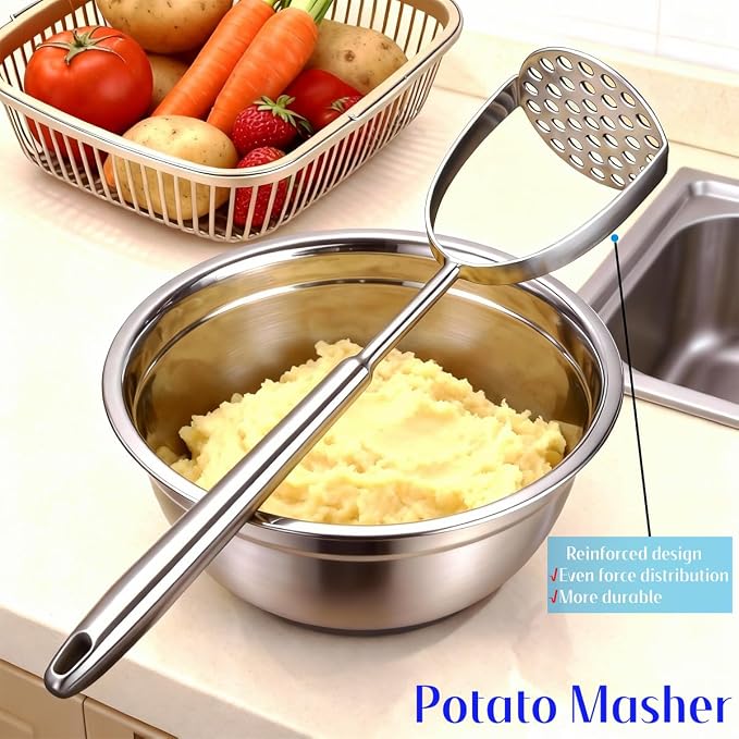 Potato Masher Stainless Steel, 14 Inch Potato Smasher - Kitchen Essential for Mashed Potatoes, Pumpkin, Carrots, Avocado & Fruits, Heavy Duty Metal Mashing Utensil (Silver)