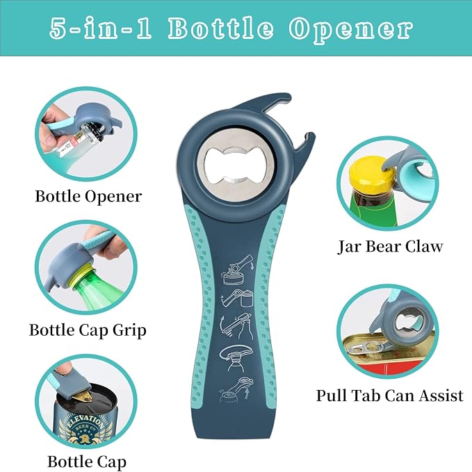 Bloss Jar Opener Can Opener Kitchen Grippers, Multi-use Lid Opener Set | Anti-skid Jar Openers for Weak hands, Seniors with Arthritis, Includes Non-slip Rubber Gripper Pad & Wine Opener, Blue