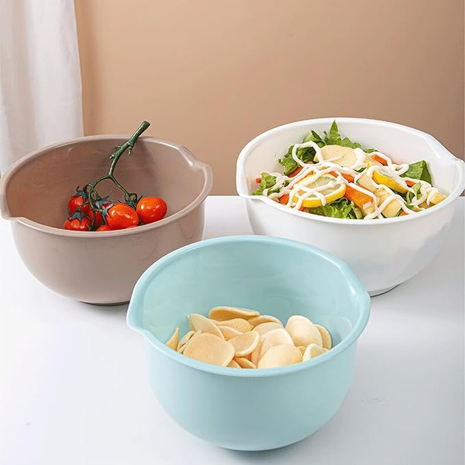 Set of 3 Mixing Bowls with Pour Spout-Nesting Design Saves Space - Non-Slip, BPA Free, Dishwasher Safe Plastic - Kitchen Cooking and Baking Supplies (Blue Grey white)