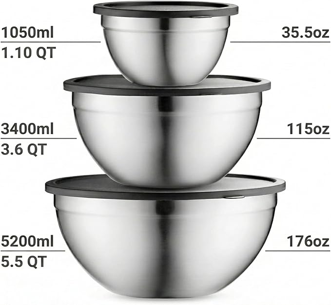 Table Concept Mixing Bowls with Airtight Lids, Stainless Steel Nesting Bowl Set for Space Saving Storage, Ideal for Cooking, Baking, Prepping & Food Storage