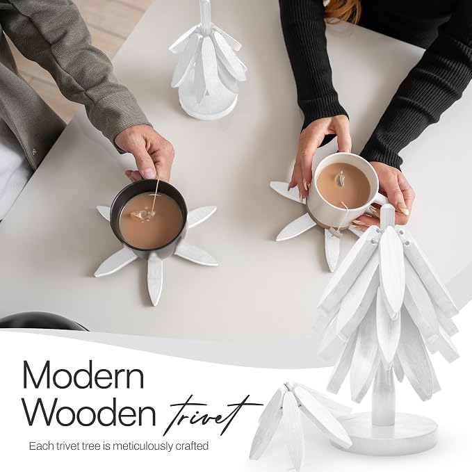 Wooden Trivets for Hot Dishes – Tree Trivet Set with 4 Foldable Wooden Trivets & 1 Stand, Heat-Resistant, Space-Saving Trivet Tree for Pots, Bowls & Teapots (White)