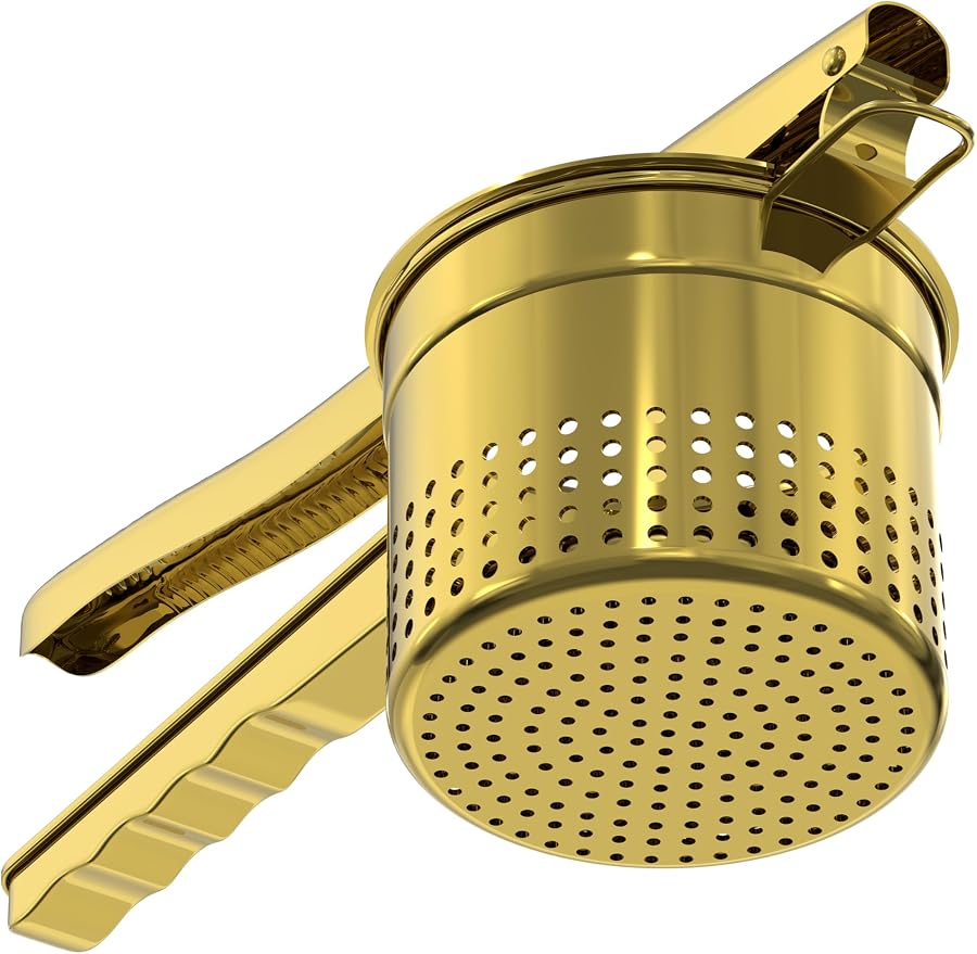 Livilord Large 15oz Potato Ricer, Heavy Duty Stainless Steel Ricer for Mashed Potatoes, Sweet Potato Masher Kitchen Tool with Ergonomic Handle, Press and Mash Kitchen Gadget, Gold
