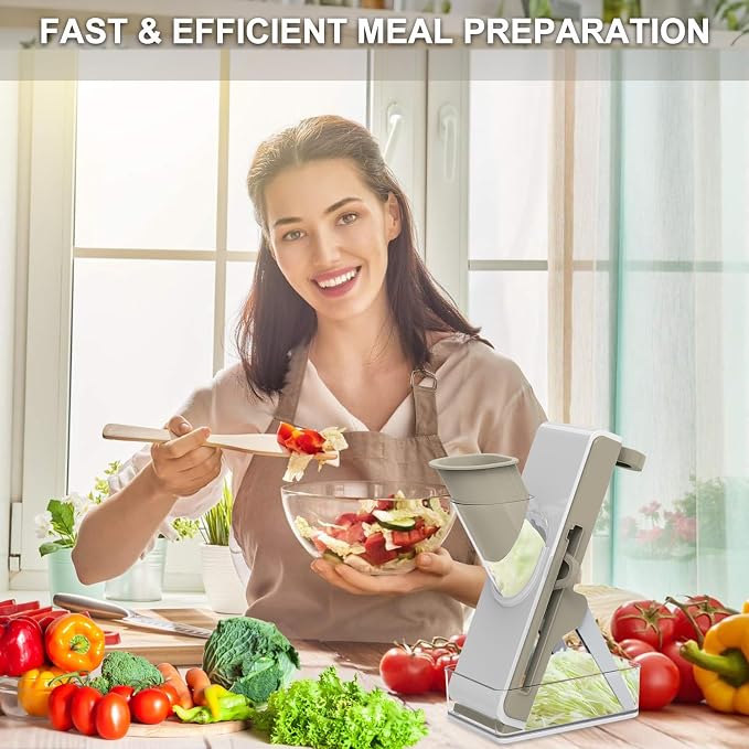 Eletronova Safe Mandoline Slicer for Kitchen, Vegetable Slicer with Container, French Fry Cutter, All in 1 Julienne Slicer for Potato, Thickness Adjustable, Detachable Blade (White Light Gray)