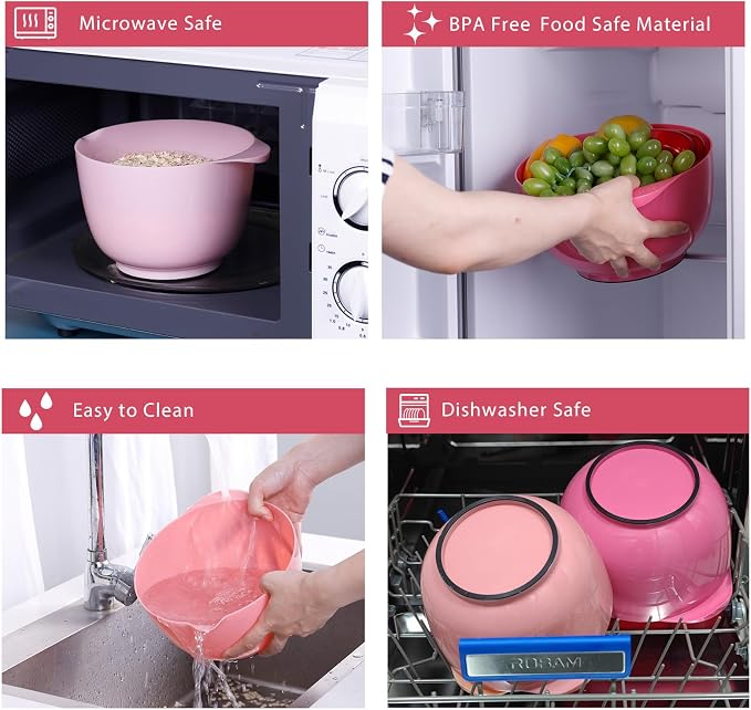BoxedHome Mixing Bowls Set of 4, BPA Free Plastic,Microwave Safe, Rose Red | 4.5/3.5/2.5/1.7 quarts,Non-slip Base Large Nesting Bowl with Pour Spout, Dishwasher Safe, for Prep, Cooking,Baking