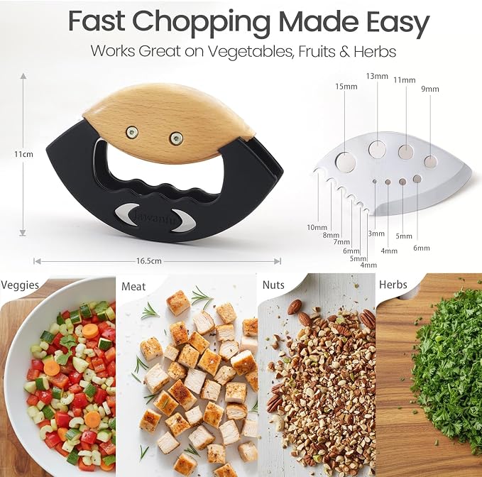 Salad Chopper Tools with Protective Cover, Sharp Mezzaluna Chopping Knife, Double Blade, Stainless Steel Rocker Knife for Salad, Handheld Vegetable Mincing, Father day gifts