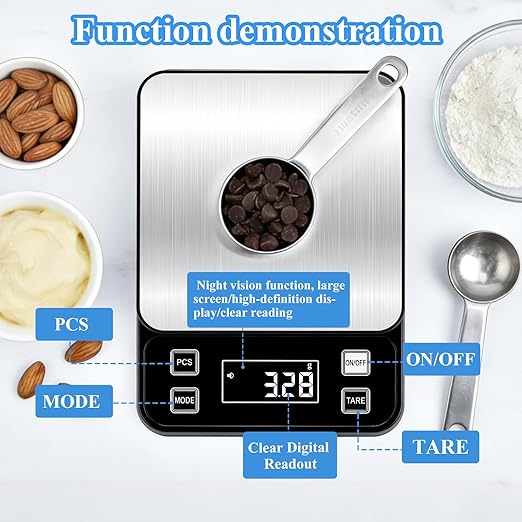 IP67 Waterproof Digital Kitchen Scal 10kg/0.1g High Precision Food Scale with Type-C Rechargeable 304 Stainless Steel Platform Tare & Counting Function for Baking Cooking Meal Prep