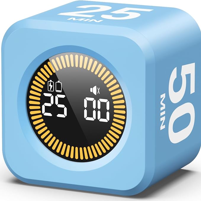 KADAMS Visual Timer – Cube Pomodoro Timer, LED Countdown Ring & Count Up Mode, Silent Flip Productivity Timer for Study, Classroom, Office, Cooking (Blue 5-10-25-50 min)