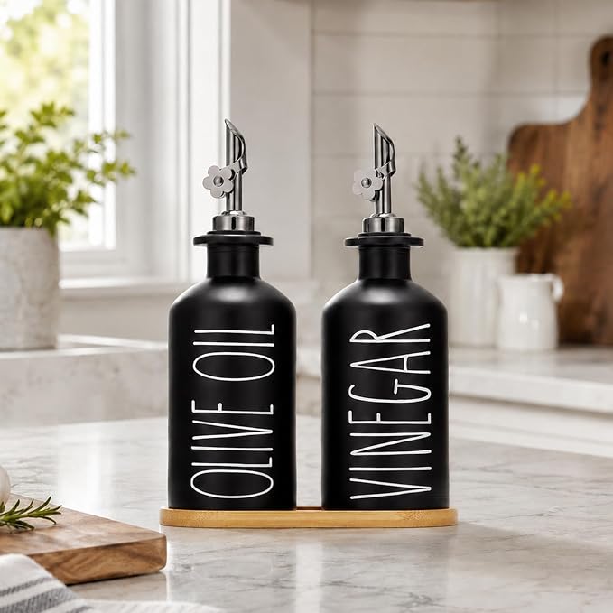 HOMCDALY Premium Olive Oil Dispenser for Kitchen, 11.8oz Glass Oil Bottles with Bamboo Tray, Black Oil&Vinegar Cruet Set, Kitchen Dispenser Bottles with Pourer | Set of 2 (11.8oz –P–Black)