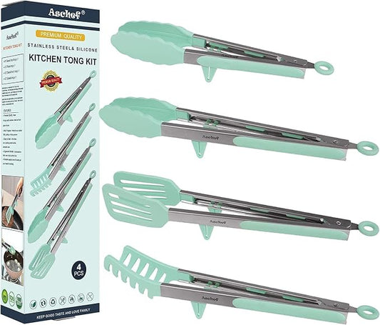 4in1 Stainless Steel Kitchen Food Tongs Set for Cooking with BPA Free Silicone Tips, Toaster Steak Pie Pizza Pasta Spaghetti Noodles Salad Fruit Vegetable Grill BBQ Buffet Clamp Serving Tools Gadgets
