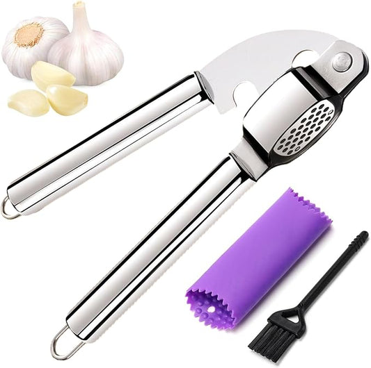 Stainless Steel Garlic Press & Ginger Crusher with Peeler Tube - Heavy Duty Metal Mincer for Garlic, Ginger, Nuts - Dishwasher Safe, Includes Cleaning Brush & Silicone Peeler