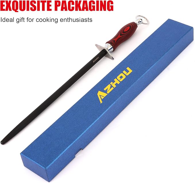 Azhou 12" Professional Knife Sharpener Steel Rod - German Carbon Steel (HRC 66±1), Fine 300 Grit for Kitchen & Chef Knives, Easy to Use with Non-Slip Wooden Handle & Gift Box