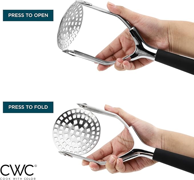 Cook With Color Hand Held Potato Masher - Professional Stainless Steel with Soft Comfort Handles Food Masher, Collapsible
