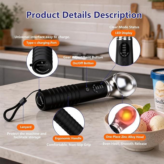 Heated Ice Cream Scoop Rechargeable, Electric Ice Cream Scooper with 4 Temp Modes & LED Display, Heats up to 160°F for Rock-Hard Ice Cream, IPX7 Waterproof Kitchen Gadget for Seniors & Kids (Black)