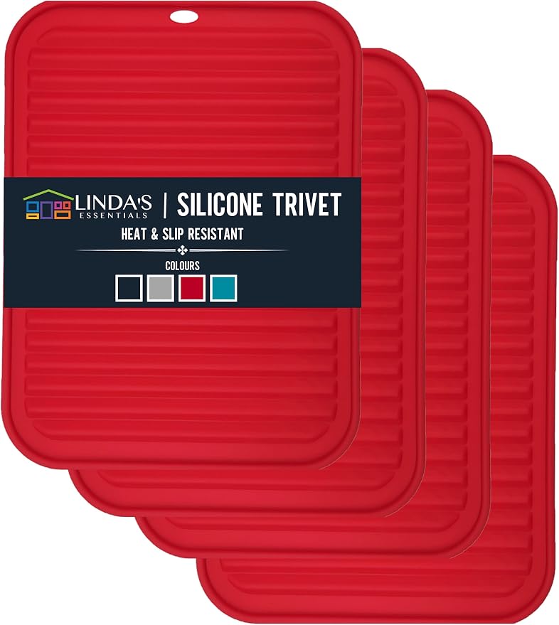 Silicone Trivets for Hot Dishes, Pots, Pans (4 Pack) - Heat-Resistant Pot Holders for Kitchen Countertop Mats - Silicone Trivet Mat (9 x 12 Inch) - Multipurpose Counter Pads (Red)
