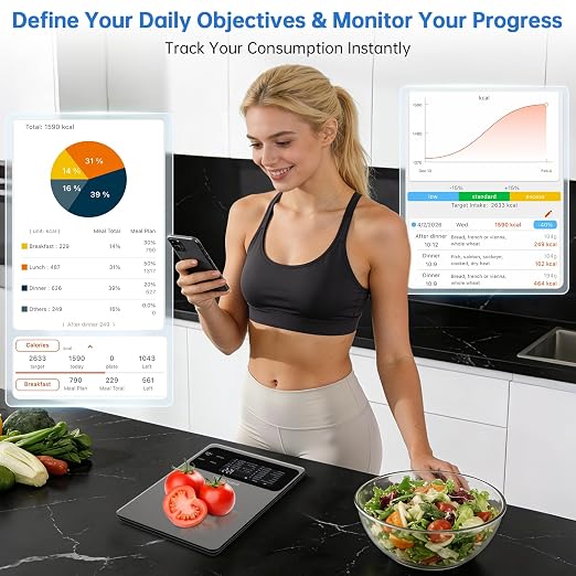 Smart Kitchen Food Scale, Nutrition App Tracks Calorie & Macros, 10kg/22lb | Powered by USDA Database; 30+ Nutrients in App; 12 Stats On-Screen; Visual Progress Charts; Dedicated Coffee Mode