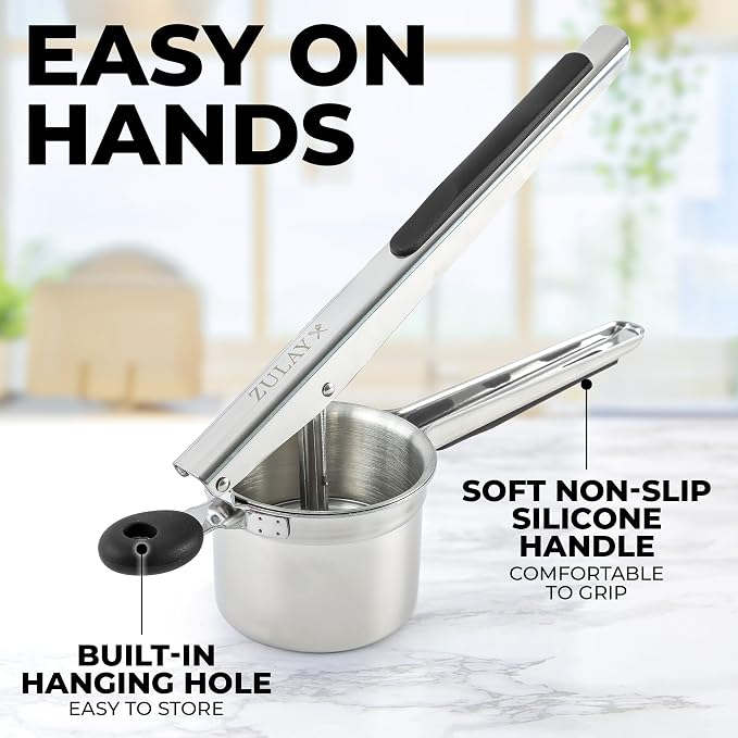 Zulay Kitchen Premium Large 15oz Potato Ricer, Heavy Duty Professional Stainless Steel Potato Masher and Ricer Kitchen Tool, Press and Mash Kitchen Gadget - Silver/Black