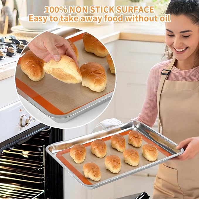 Luckyiren 2 Pack Silicone Baking Mat Set, Nonstick Half Sheet, Orange/Beige | Two 16.54 x 11.62 in reusable nonstick silicone baking mats fit half sheet pans; cookie sheet liners for cookies and pastry.