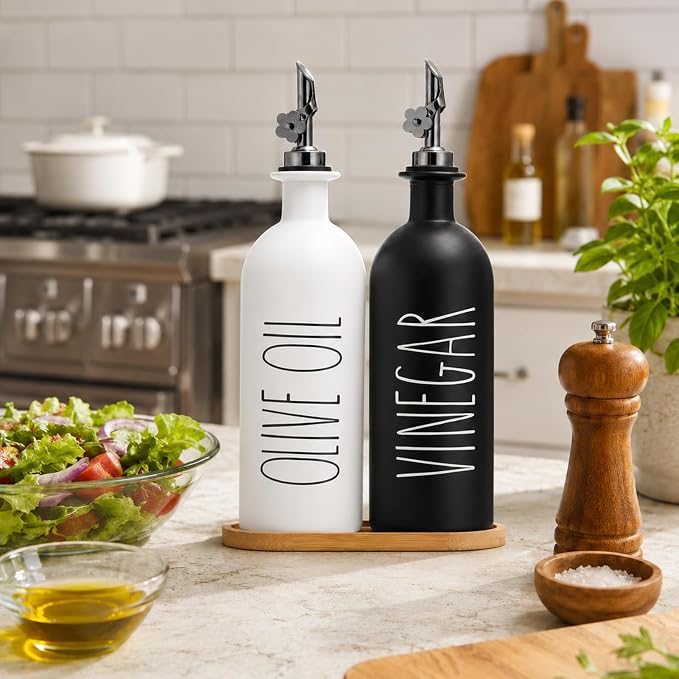 HOMCDALY 16oz Olive Oil Dispenser Bottles for Kitchen, Glass Oil Dispenser for Kitchen with Bamboo Tray, Oil&Vinegar Dispenser Set | Set of 2 (16oz-P-Black&White)