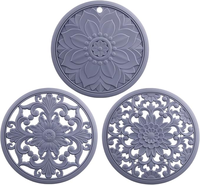 Trivets for Hot Dishes, Silicone Trivet Mats, Hot Pads for Kitchen, Trivets for Hot Pots and Pans, Multi-use Heat Resistant Mat, Round Trivet Mat, Silicone Pot Holders Set of 3 Grey