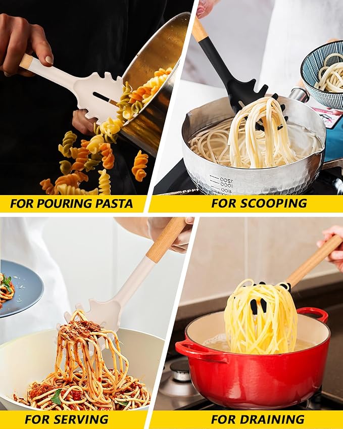 Pack of 2 Spaghetti Spoon, Silicone Pasta Fork with Wooden Handle, Heat Resistant Noodle Spoon Server, BPA Free Spaghetti Strainer(BLACK-KHAKI)