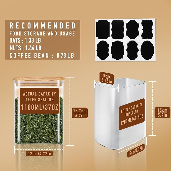 D2scrma 37oz Rectangle Airtight Glass Storage Containers with Bamboo Lids (Set of 6), Square Food Storage Jar, Pantry Organizers for Cereal, Nuts, Snacks and Coffee beans (‎with Black Lable)