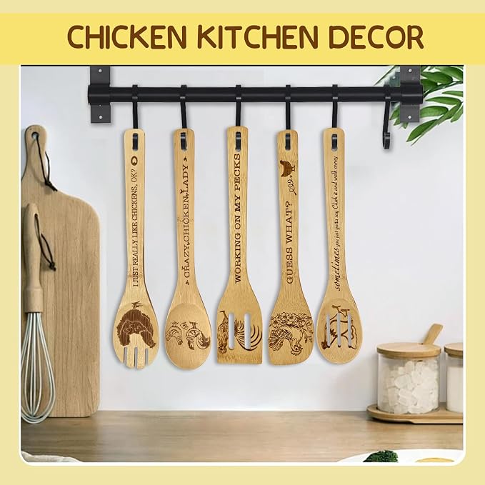 Chicken Gifts for Women 6PCS Unique Chicken Print Bamboo Spoons Gifts Set with Keychain, Chicken Decor Kitchen Stuff for Pioneer Woman Mom Bestie