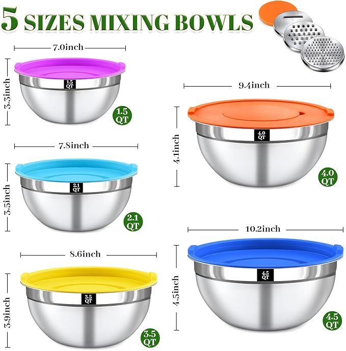 8PCS Mixing Bowls with Lids Set - 5 Nesting Mixing Bowls, 3 Grater Attachments, Lids, Stainless Steel Mixing Bowls for Mixing & Serving, Size 1.5/2.1/3.5/4/4.5 QT, Colorful