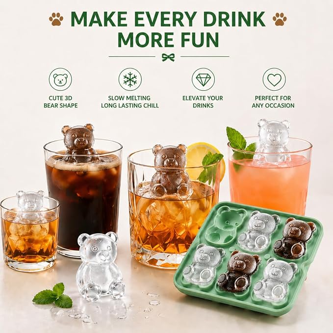 Bear Ice Cube Tray Mold - Cute Fun Whiskey Ice Molds Gifts for Women Men | 3D Bear Shape Cute Ice Molds for Whiskey Bourbon, 4-Hole Large Fun Shapes Funny Gifts, for Animals Lovers Women Men