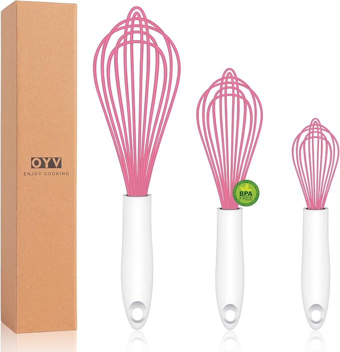 OYV Pink Silicone Whisk, Sealed Waterproof Design Set of 3, Professional Kitchen Whisks for Cooking Non-Scratch, Silicone&Stainless Steel Whisk, Heat Resistant 480°F Rubber wisk, BPA free
