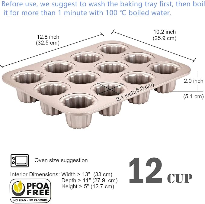 The Love 12-Cavity Nonstick Canele Mold Baking Cake Pan for Bread Muffin Cake Baking Pan, Gold