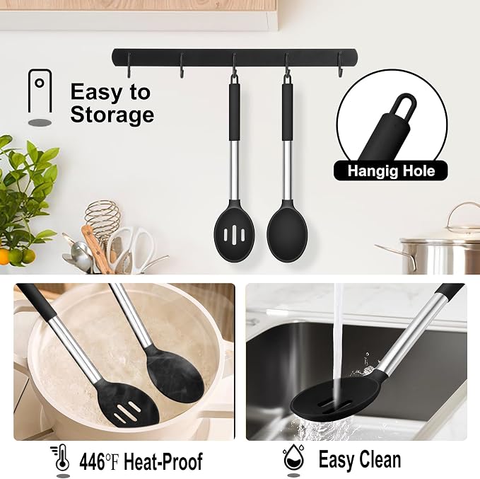 TeamFar Silicone Cooking Spoon, 2 PCS Large Nonstick Kitchen Spoons, Heat-Resistant Solid and Slotted Spoons for Cooking Mixing Serving Stirring, Healthy & Dishwasher Safe, Black