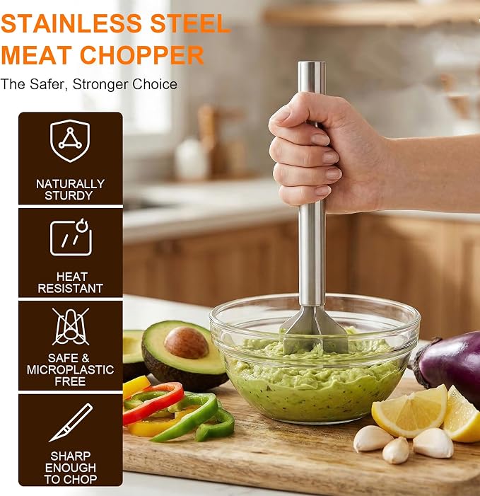 Meat Masher, Stainless Steel 6 Blade Ground Beef Chopper Tool with Long Handle, Masher Shredder for Potato Hamburger Vegetable Puree, Dishwasher Safe