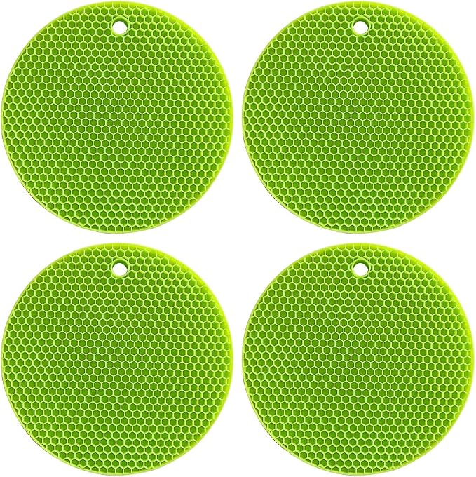 7-Inch Round Silicone Trivet Mats - 4-Pack Non-Slip Heat Resistant Hot Pads for Kitchen Countertops, Pots and Pans (Green)