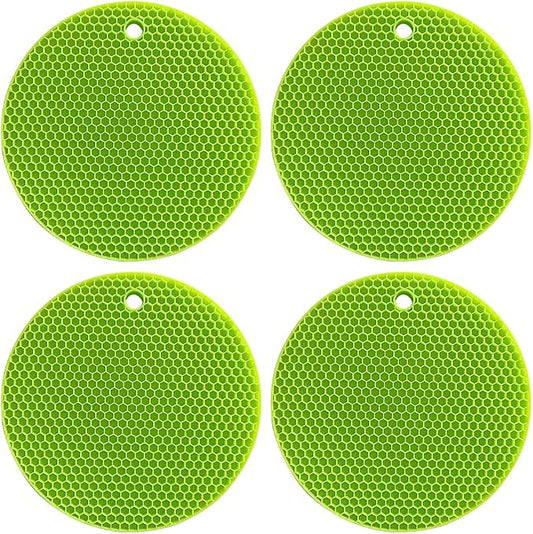 7-Inch Round Silicone Trivet Mats - 4-Pack Non-Slip Heat Resistant Hot Pads for Kitchen Countertops, Pots and Pans (Green)