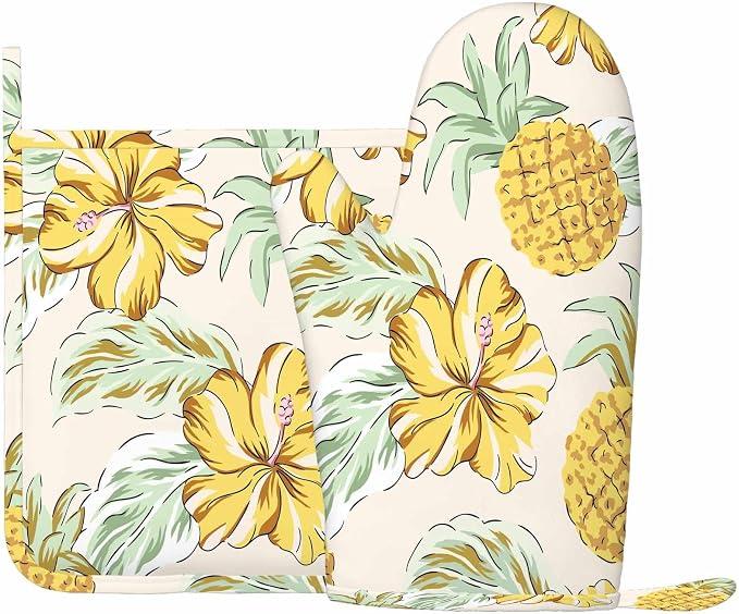 Mxocom Yellow Pineapples Oven Mitt and Pot Holder with Silicone Hibiscus Flowers Green Palm Leaves Summer Tropical Beach Floral Heat Resistant Kitchen for Cooking BBQ Baking Grilling Spring/Summer