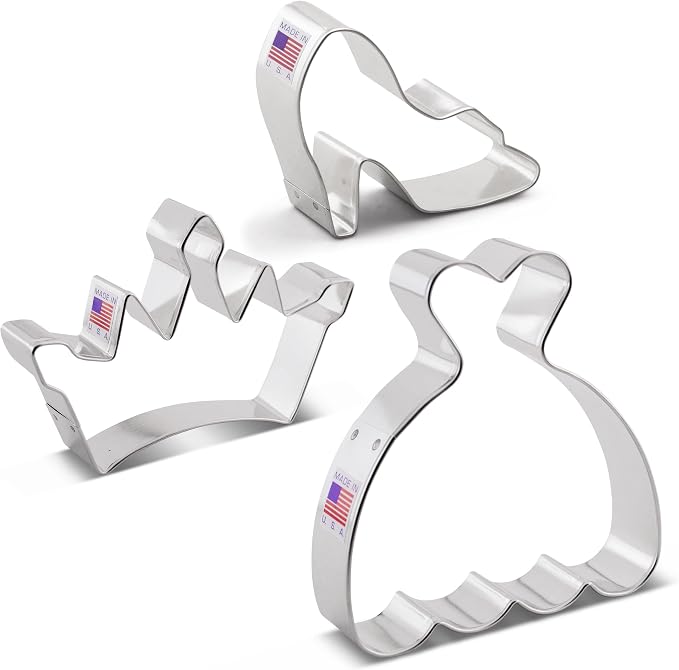 Ann Clark Princess Cookie Cutters 3-Pc Set Made in USA, Crown, Dress, Glass Slipper