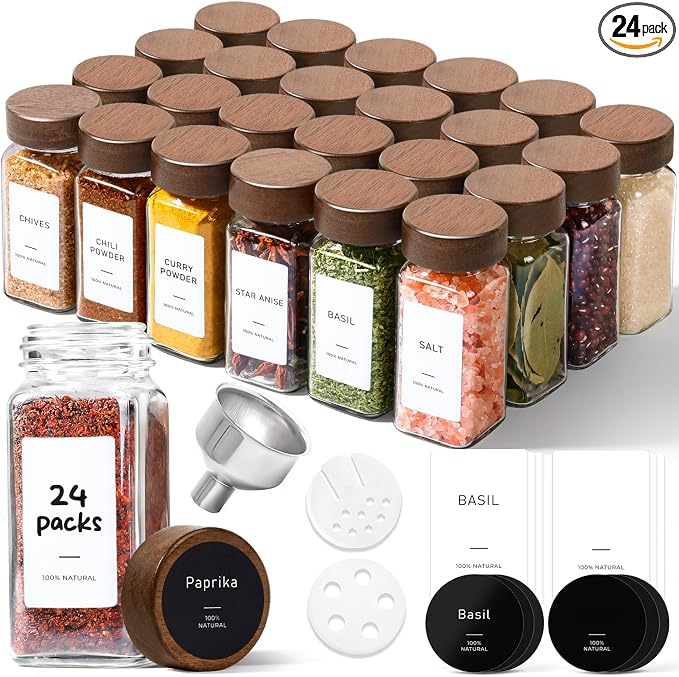 ComSaf Glass Spice Storage Jars with Acacia Wood Lids & Labels 4Oz 24Pack | Seasoning Container for Cooks, Herbs Pepper Salt Cinnamon Paprika, Spice Rack & Drawer, Canister with Shaker Insert & Funnel