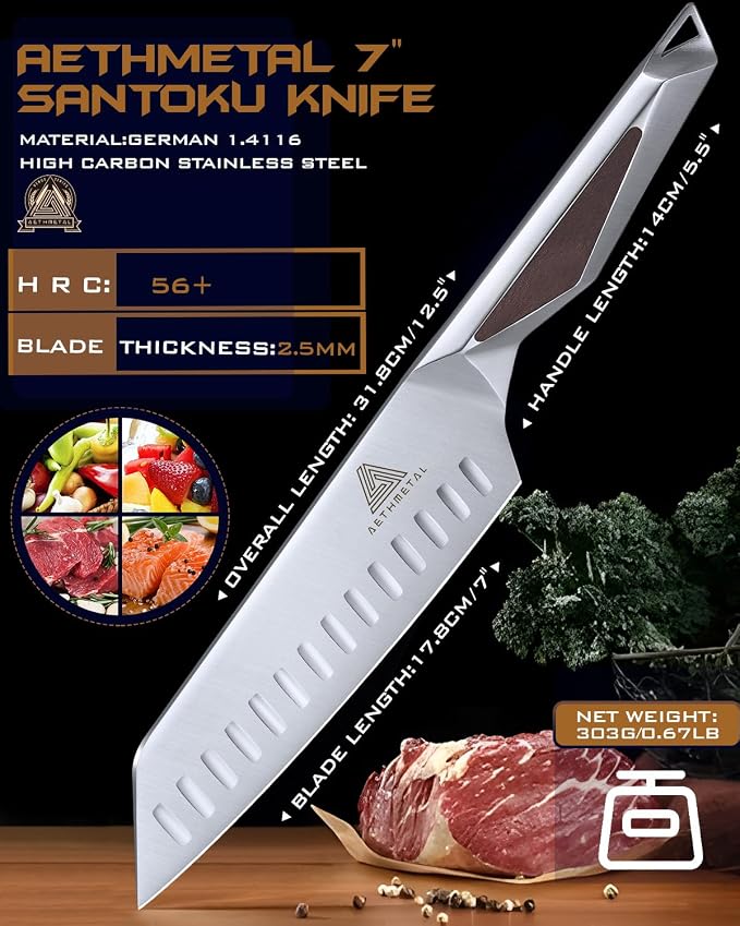 7 Inch Santoku Knife, Full Tang Kitchen Knife with Hollow-Ground Blade, High Carbon Stainless Steel Chef Knife for Meat, Vegetables & Fruits, Ergonomic Metal Handle, Premium Gift Box
