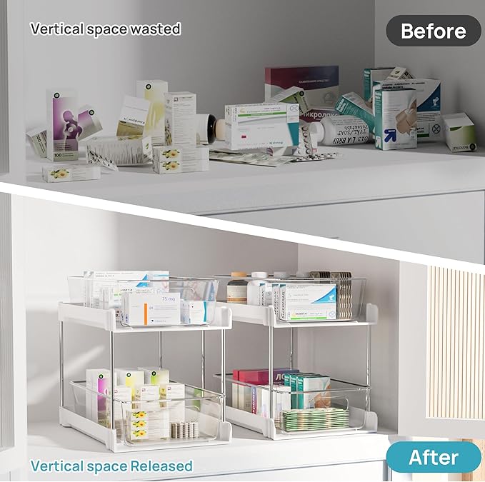 Vtopmart 4 Pack Pull Out Bathroom Under Sink Organizer (S-Standard, White) | Slide-out drawers, Multi-purpose storage, Clear visibility, Easy Set-up
