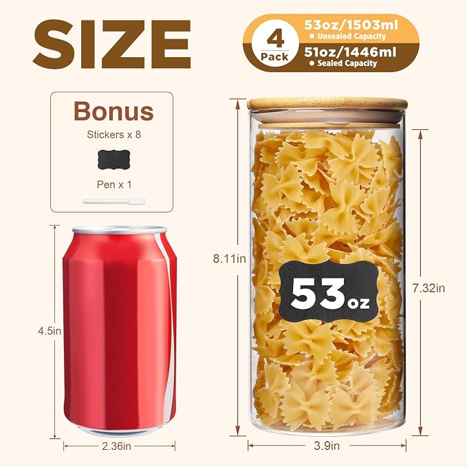 SHOWIN 53oz Glass Food Storage Jars, Glass Jars with Bamboo Lids, Kitchen Storage Jars, Set of 4, Canisters with Airtight Lids for Spice, Coffee, Cookie, Pantry Organizers